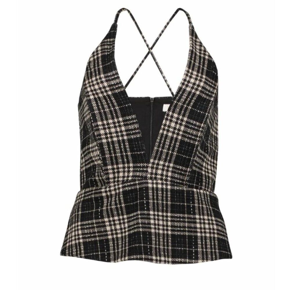 Bishop + Young Plaid Tweed Halter Peplum Top Dark Academia Size S